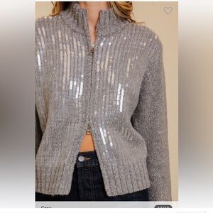 Gray Sequin Zip Sweater